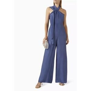 NWT Elliatt Anthropologie Waterside Blue Silk Jumpsuit One Shoulder Size Small